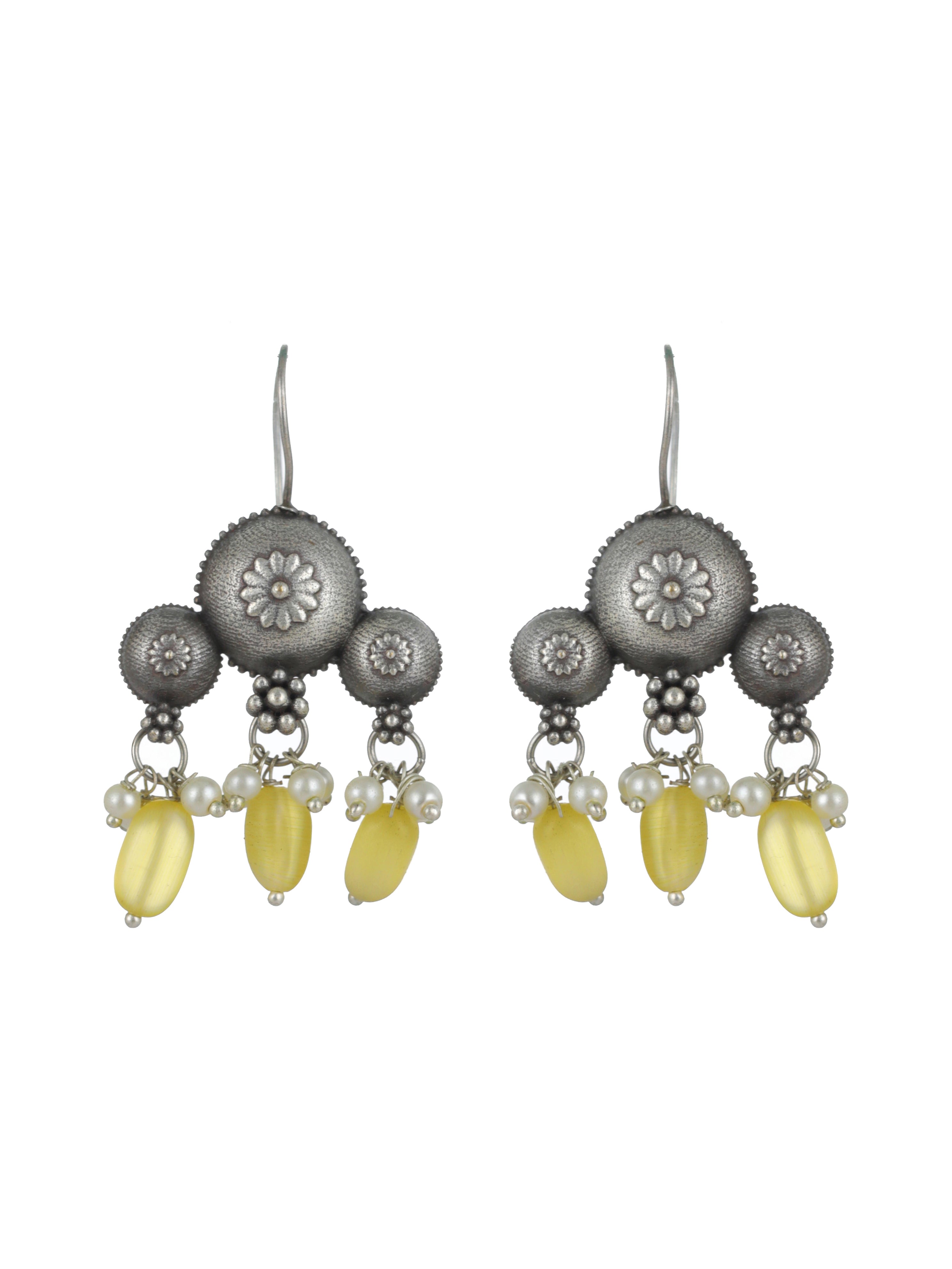 Silver-Plated & Stone studded & Beaded Contemporary Drop Earrings - Jazzandsizzle