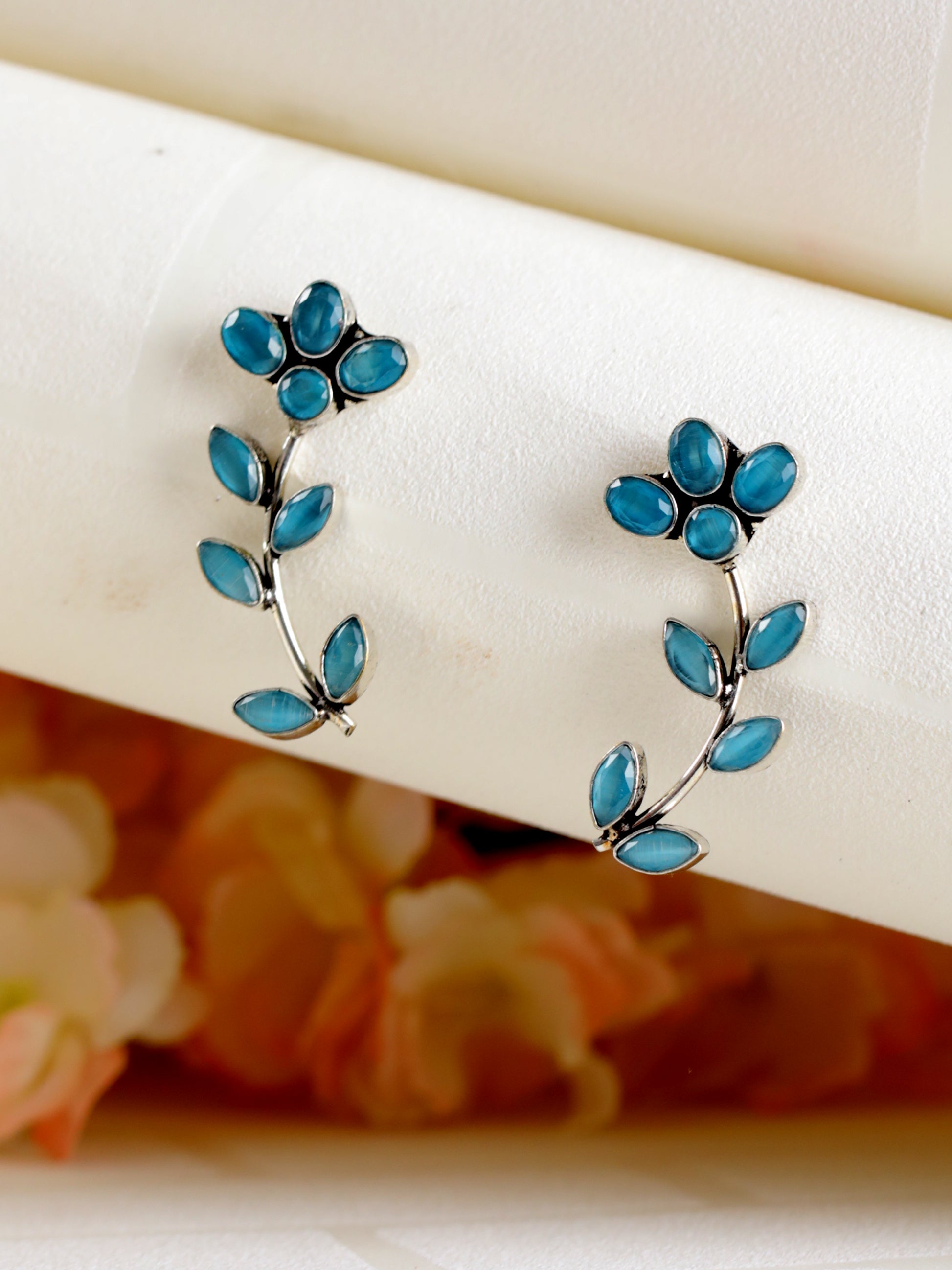 Blue Silver-Plated Handcrafted Leaf Shaped Drop Earrings - Jazzandsizzle