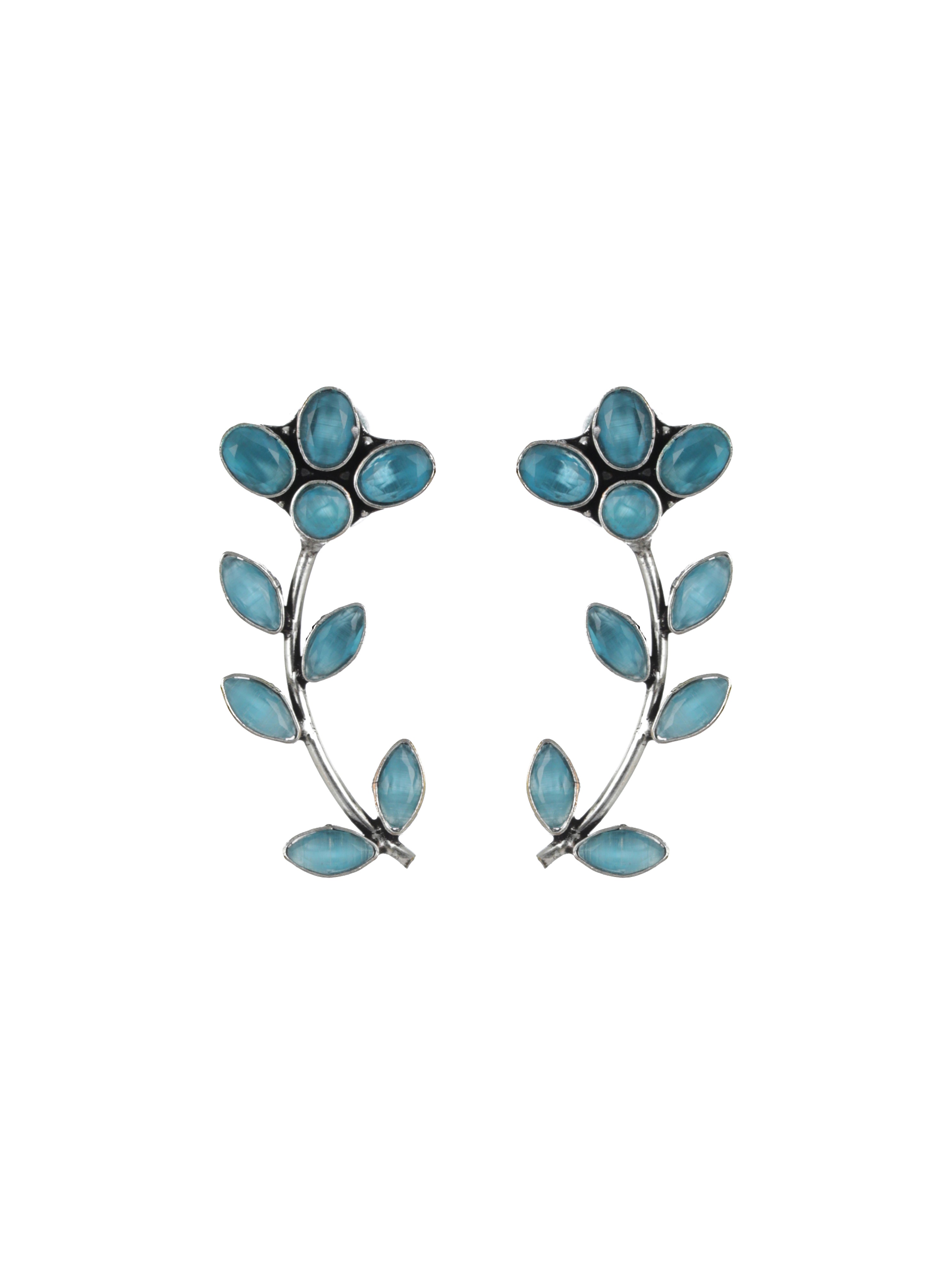 Blue Silver-Plated Handcrafted Leaf Shaped Drop Earrings