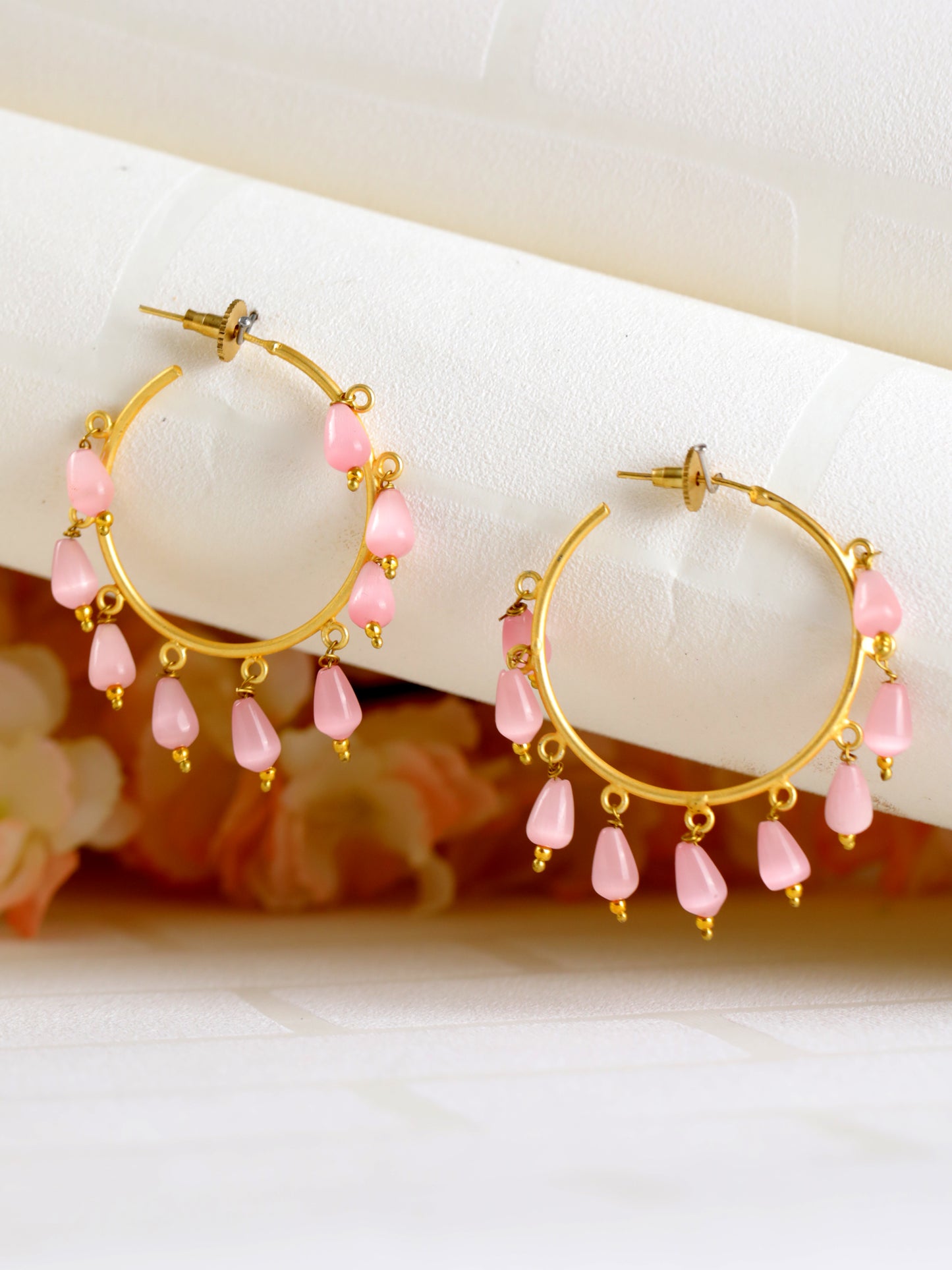 Pink Gold Plated & Stone Drop Contemporary Hoop Earrings - Jazzandsizzle