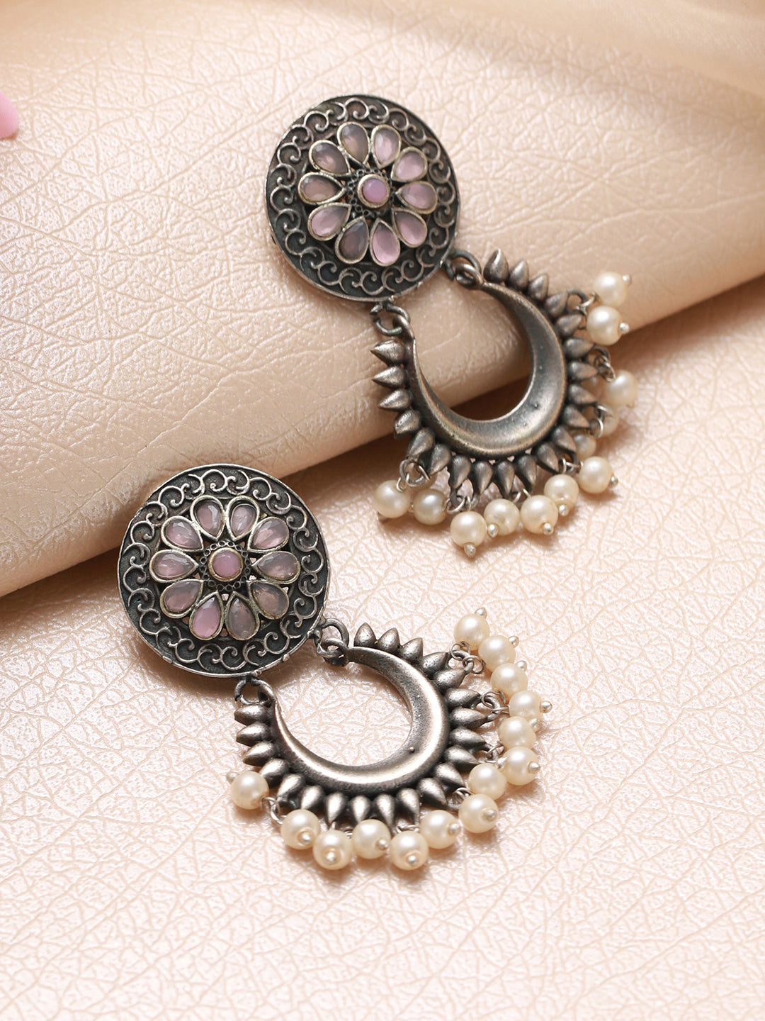 Pink & Silver-Plated Oxidised Pearls Contemporary Chandbalis Earrings - Jazzandsizzle
