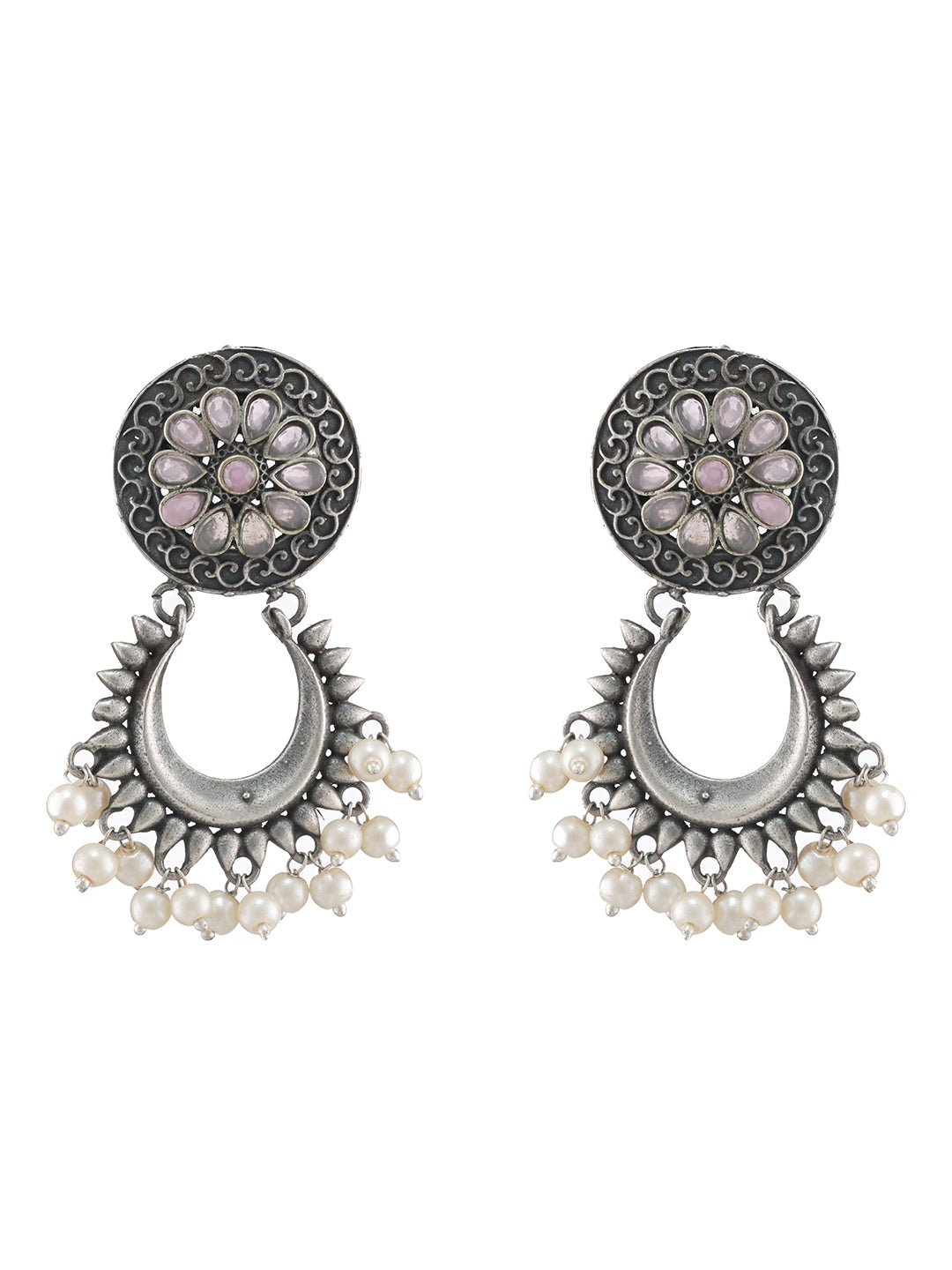 Pink & Silver-Plated Oxidised Pearls Contemporary Chandbalis Earrings