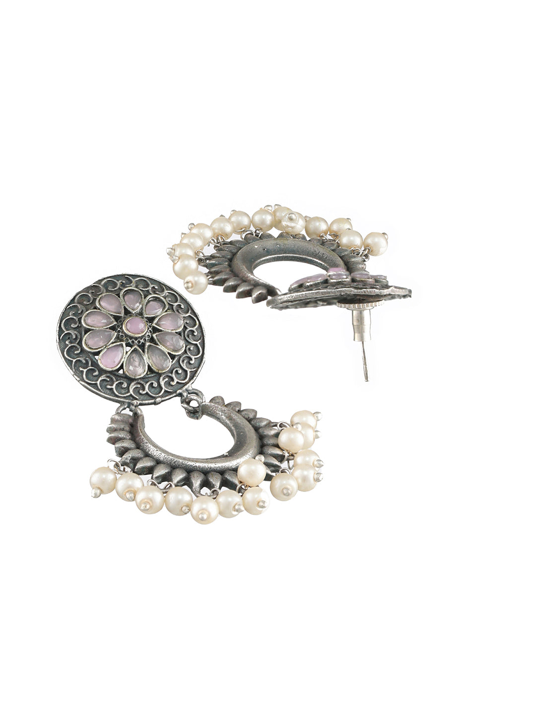 Pink & Silver-Plated Oxidised Pearls Contemporary Chandbalis Earrings - Jazzandsizzle