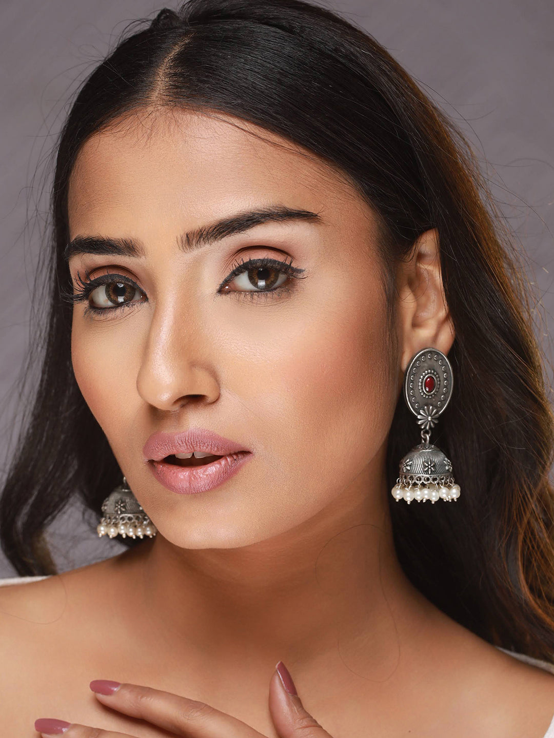 Silver-Toned Red Stone & Pearl Studded Oxidised Dome Shaped Jhumkas - Jazzandsizzle