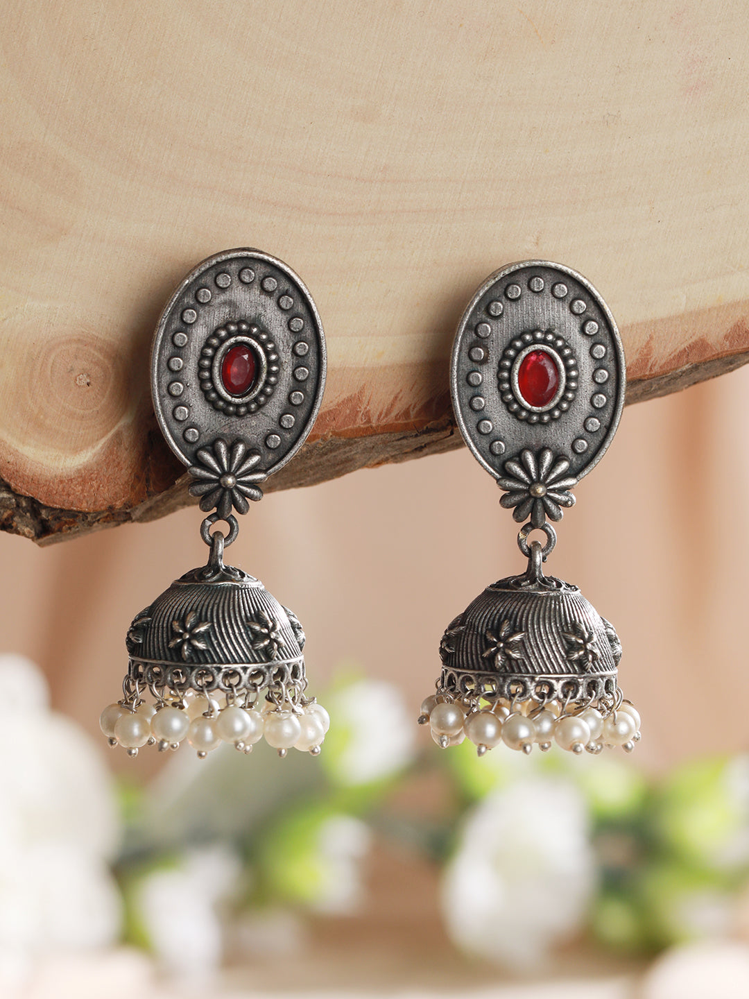 Silver-Toned Red Stone & Pearl Studded Oxidised Dome Shaped Jhumkas - Jazzandsizzle