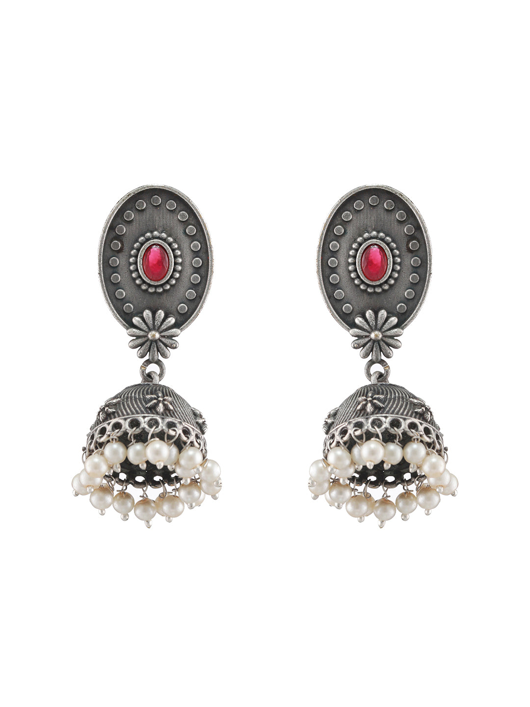 Silver-Toned Red Stone & Pearl Studded Oxidised Dome Shaped Jhumkas - Jazzandsizzle
