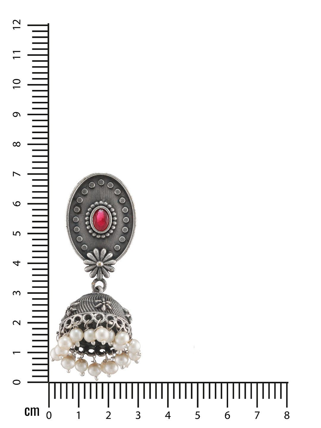 Silver-Toned Red Stone & Pearl Studded Oxidised Dome Shaped Jhumkas - Jazzandsizzle