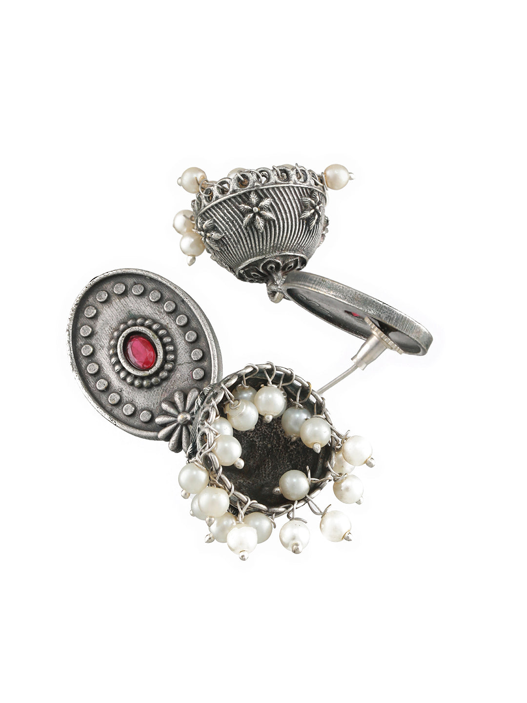 Silver-Toned Red Stone & Pearl Studded Oxidised Dome Shaped Jhumkas - Jazzandsizzle