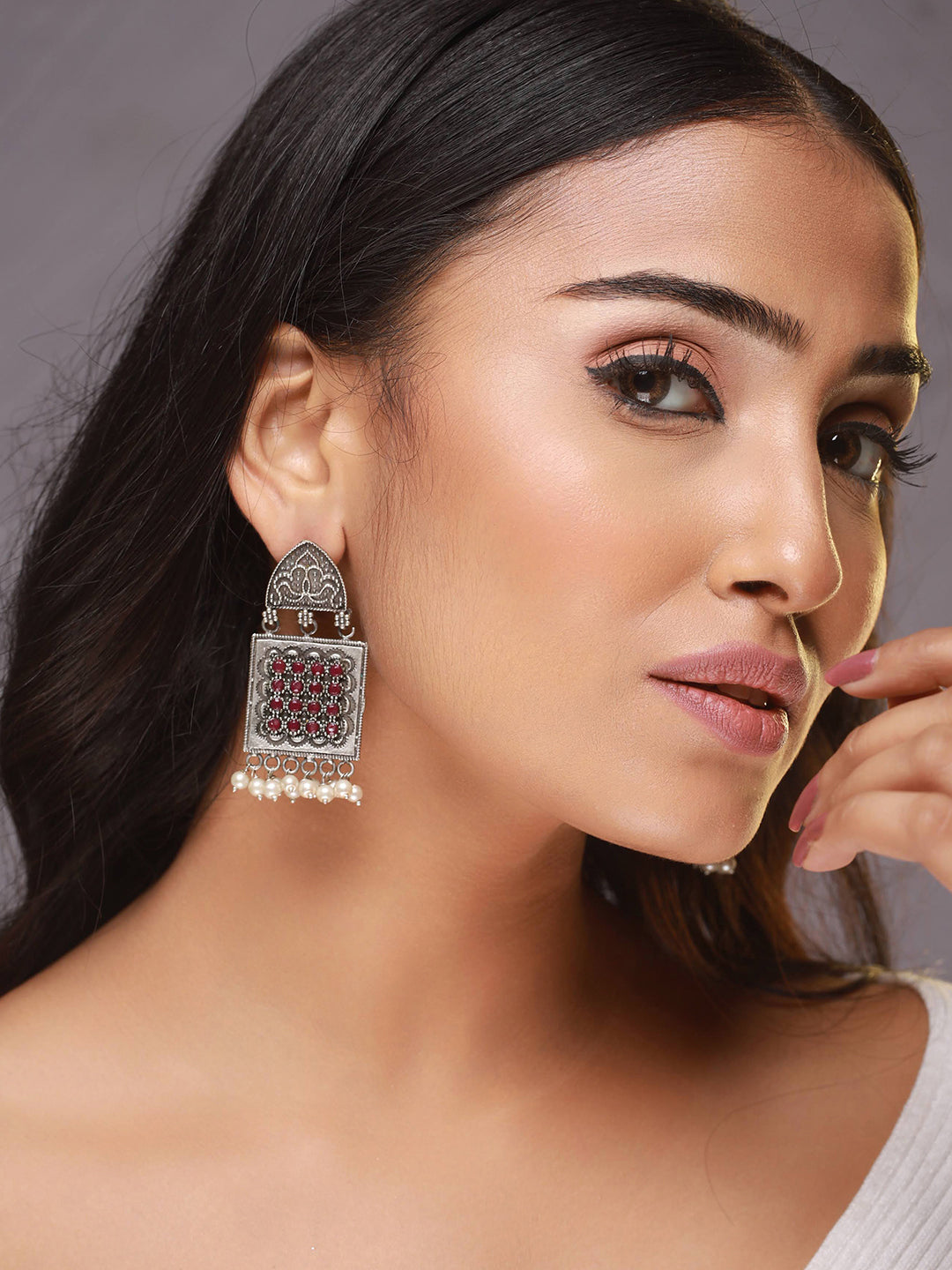 Red Stone & Pearl Studded Silver-Toned Contemporary Drop Earrings - Jazzandsizzle