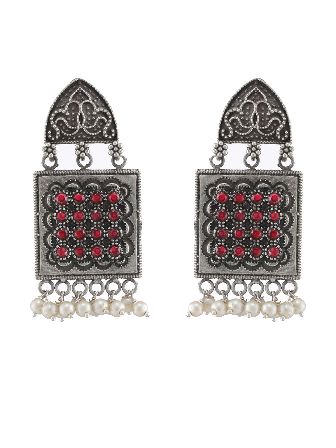 Red Stone & Pearl Studded Silver-Toned Contemporary Drop Earrings