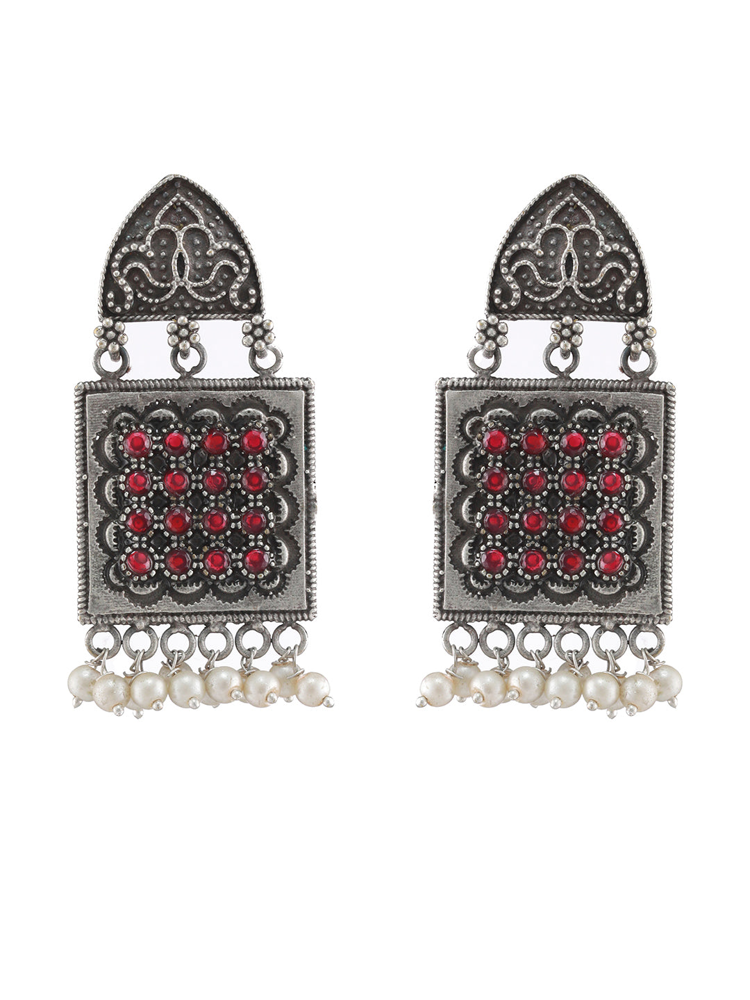 Red Stone & Pearl Studded Silver-Toned Contemporary Drop Earrings - Jazzandsizzle