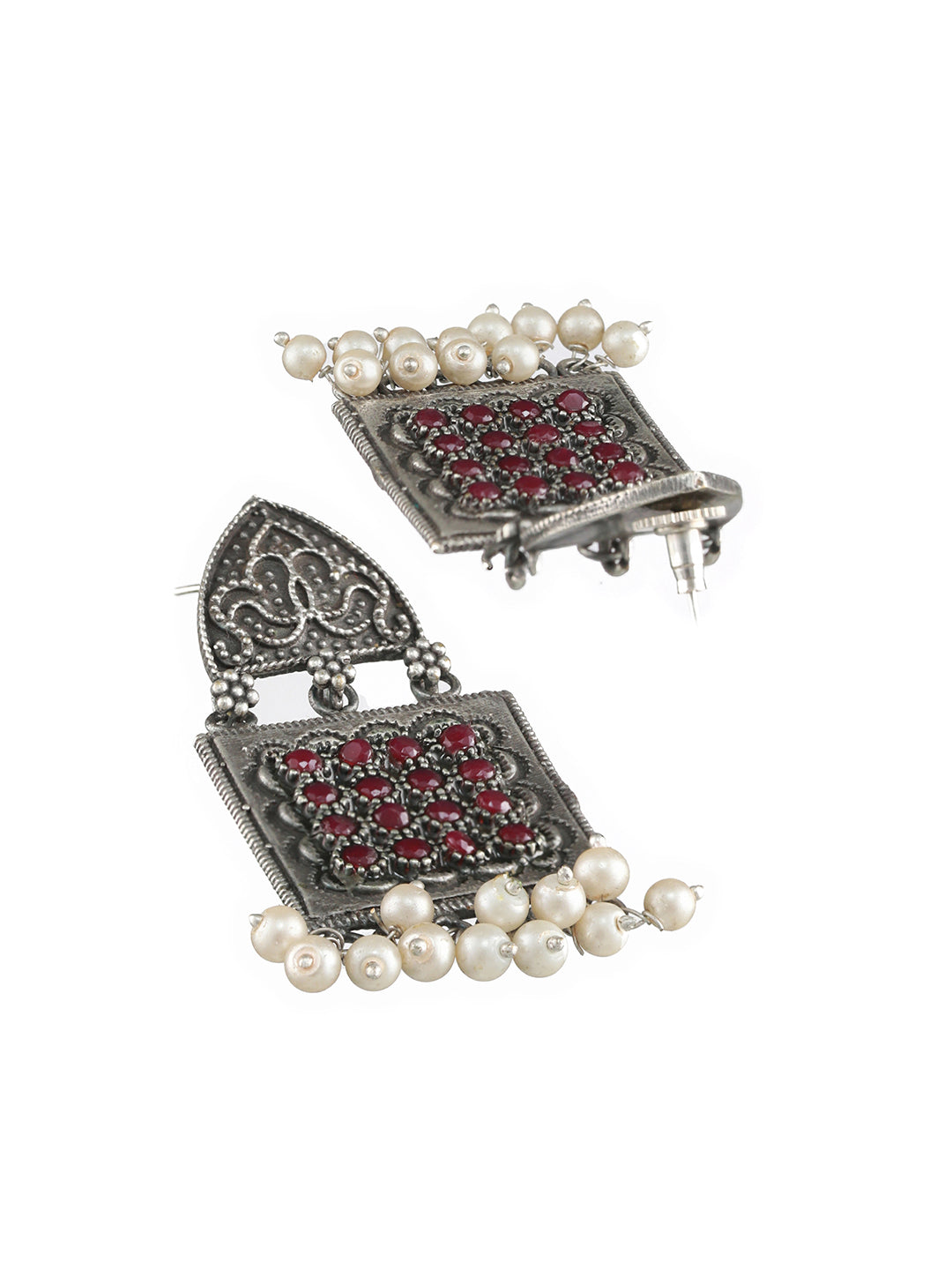 Red Stone & Pearl Studded Silver-Toned Contemporary Drop Earrings - Jazzandsizzle