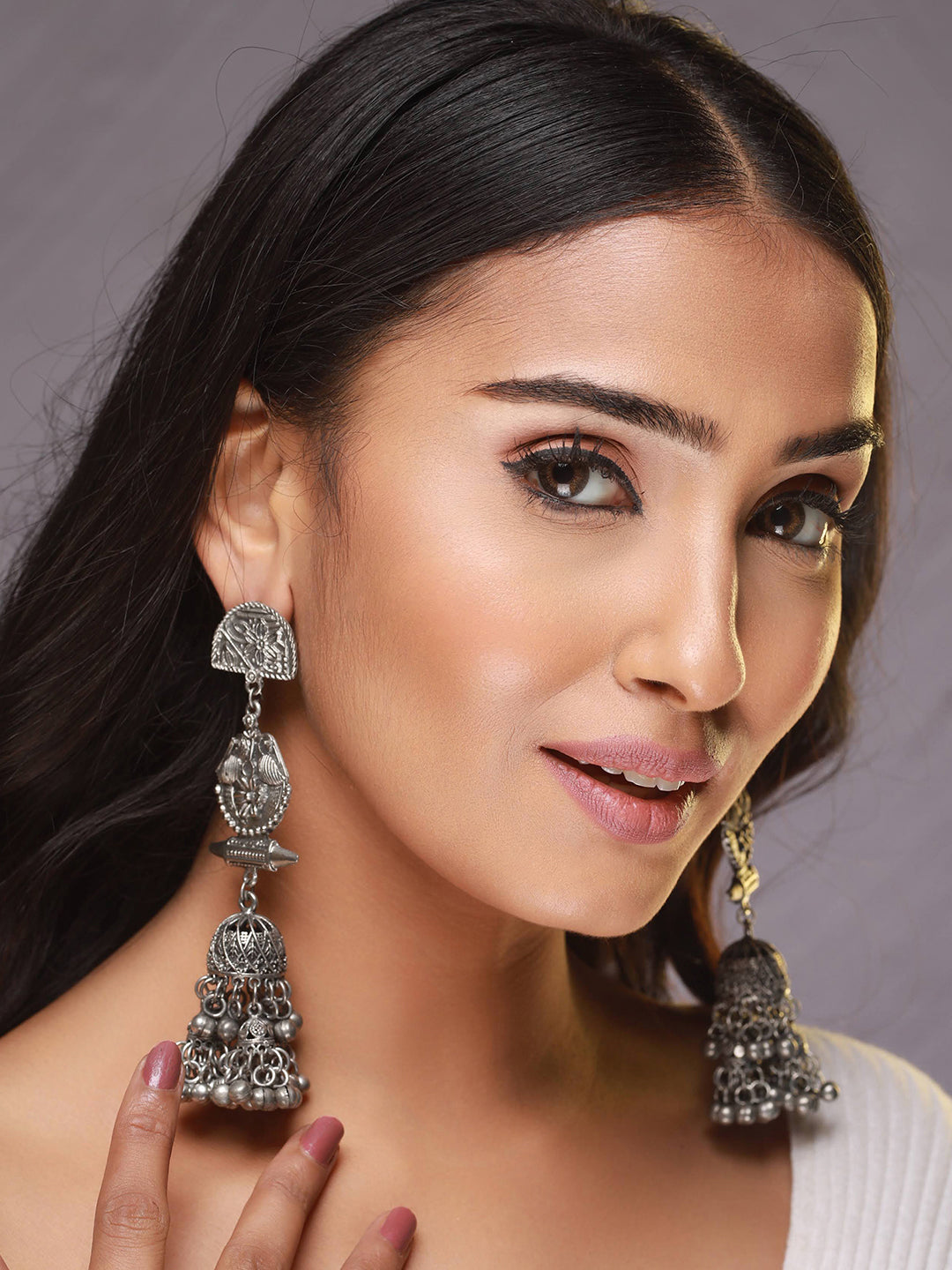 Gunmetal-Toned & Silver-Plated Dome Shaped Jhumkas Earrings - Jazzandsizzle