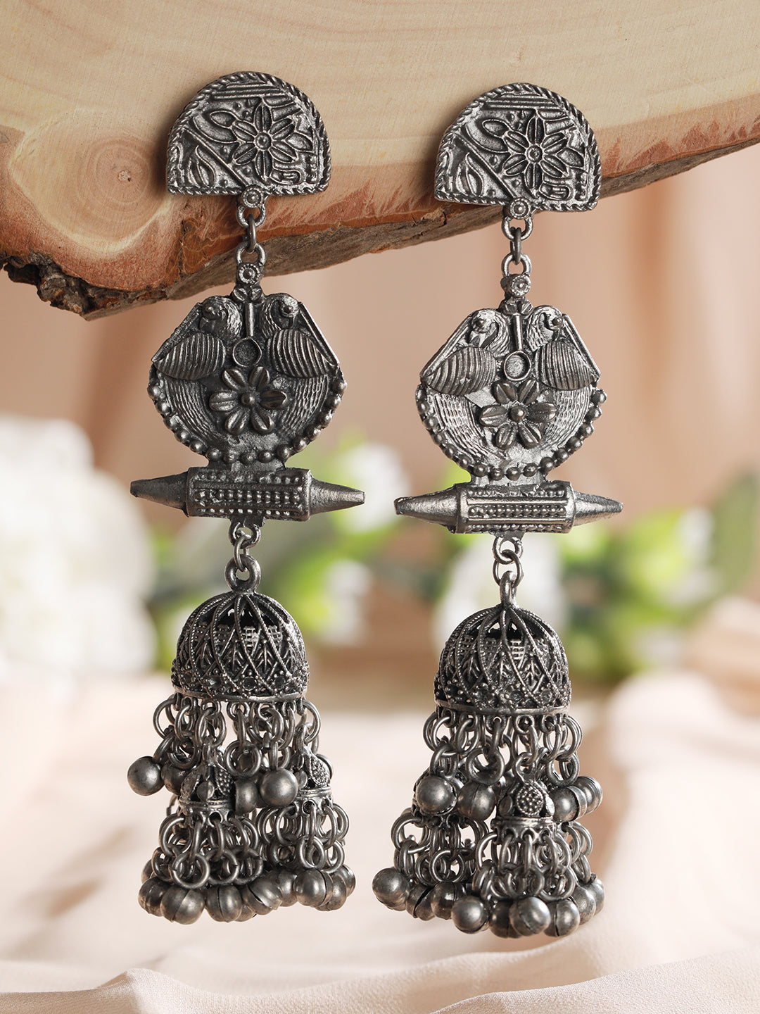 Gunmetal-Toned & Silver-Plated Dome Shaped Jhumkas Earrings - Jazzandsizzle