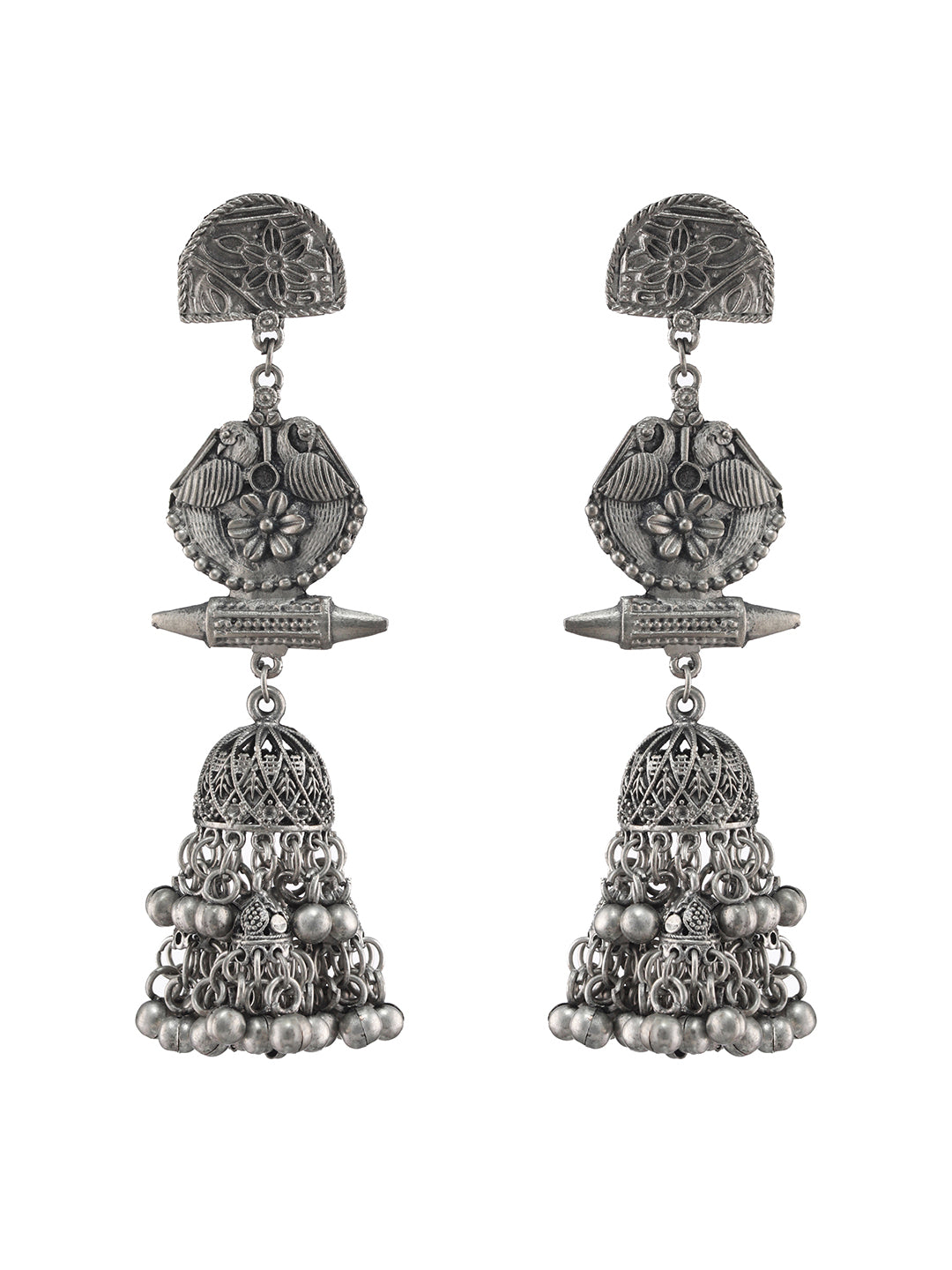 Gunmetal-Toned & Silver-Plated Dome Shaped Jhumkas Earrings - Jazzandsizzle