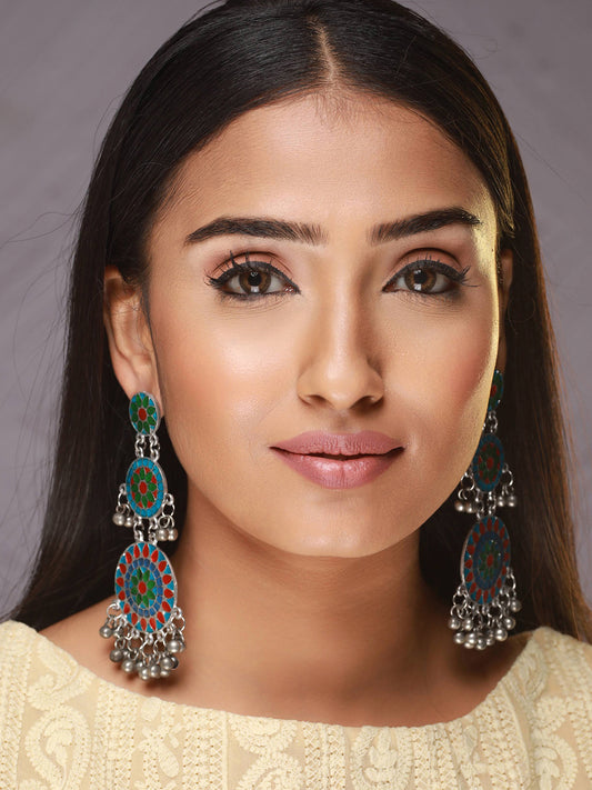 Silver-Plated Oxidised Multi colored Handpainted Drop Earrings - Jazzandsizzle