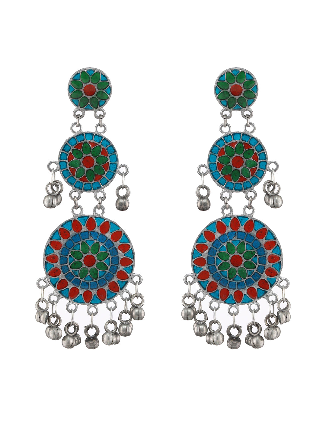 Silver-Plated Oxidised Multi colored Handpainted Drop Earrings - Jazzandsizzle