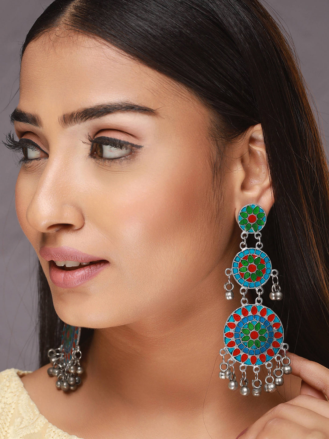 Silver-Plated Oxidised Multi colored Handpainted Drop Earrings - Jazzandsizzle