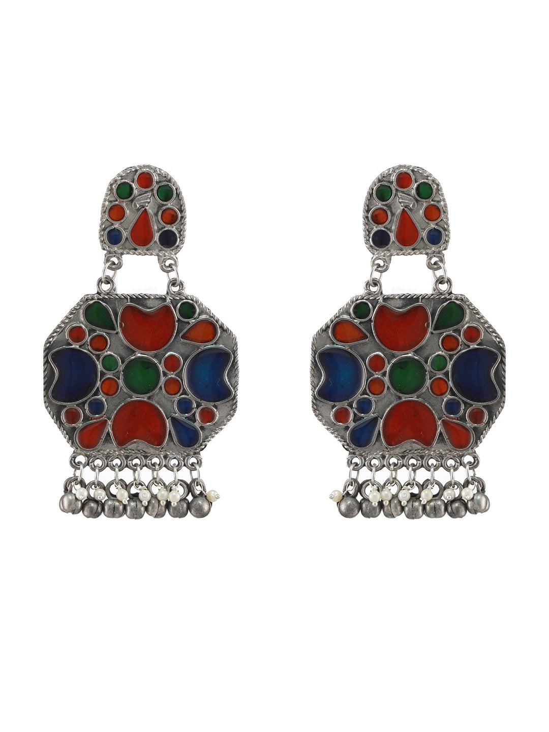 Oxidized Silver-Toned Multicoloured Enamelled Comtemporary Drop Earrings - Jazzandsizzle