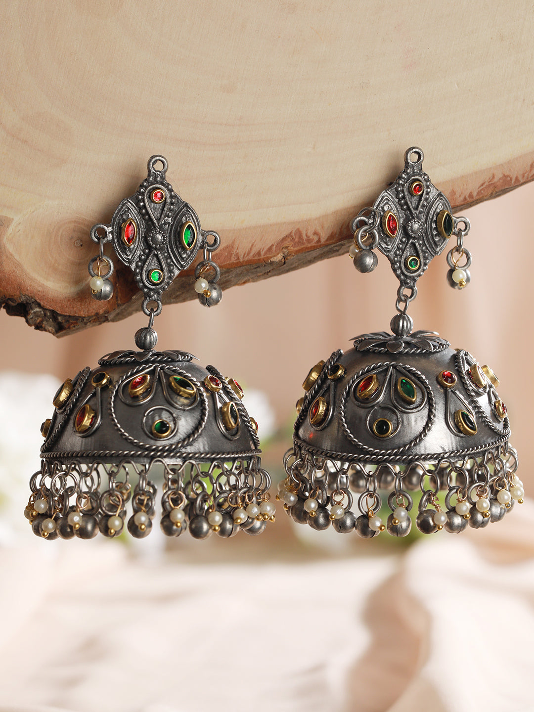 Silver Plated Green & Red Kudan Studed Dome Shaped Jhumkas Earrings - Jazzandsizzle