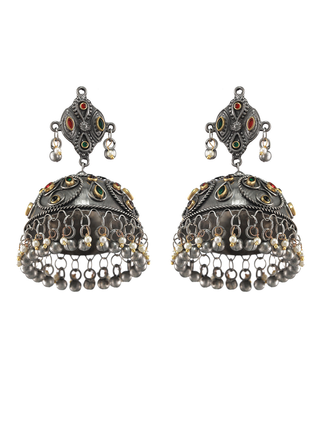 Silver Plated Green & Red Kudan Studed Dome Shaped Jhumkas Earrings