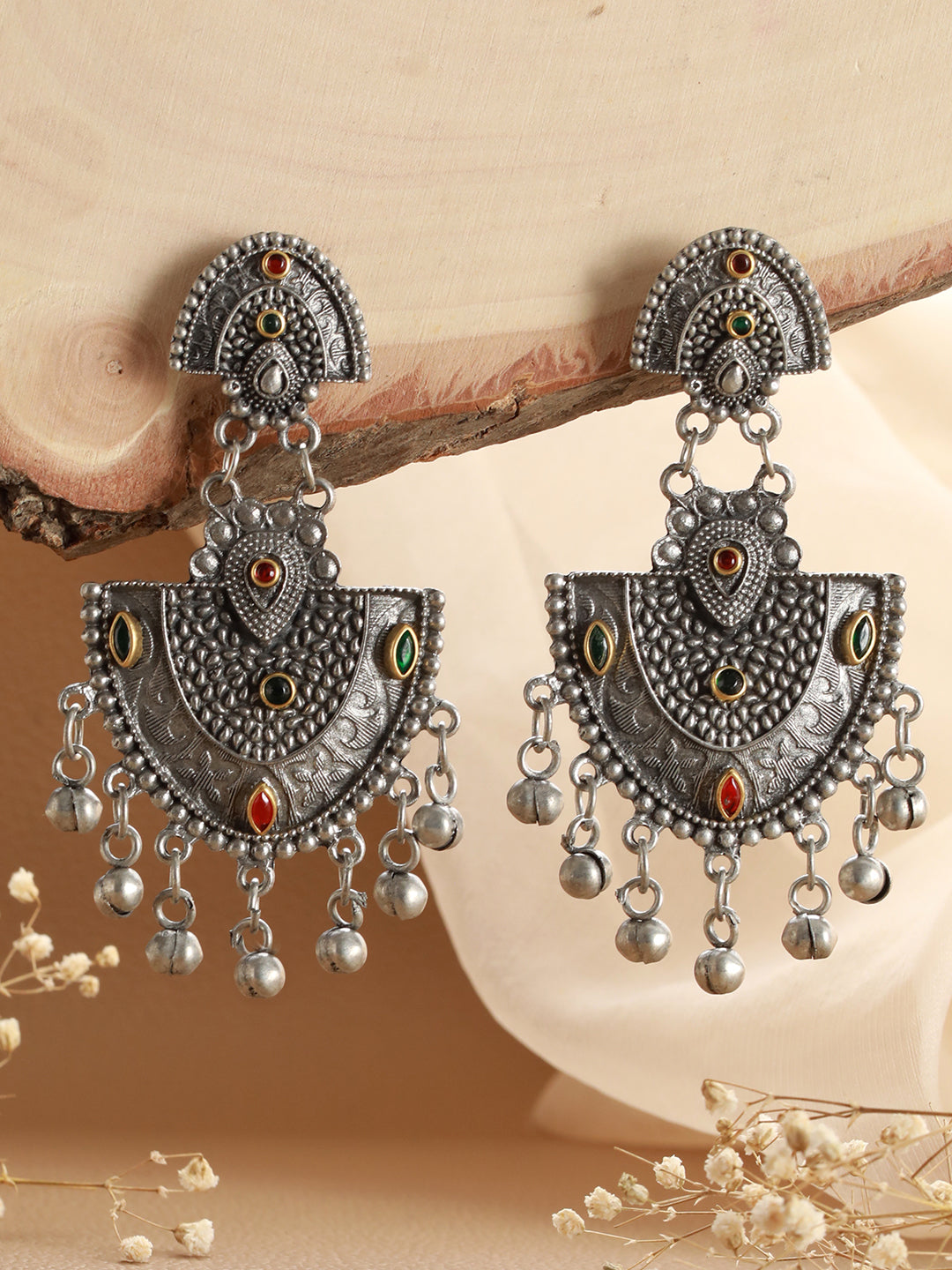 Silver-Toned ,Red & Green Kundan Studed Ghungroo Drop Earrings - Jazzandsizzle