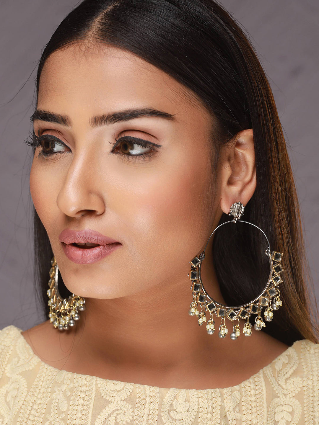 Gold-Plated Kundan Studded & Beaded Classic Hoop Earring - Jazzandsizzle