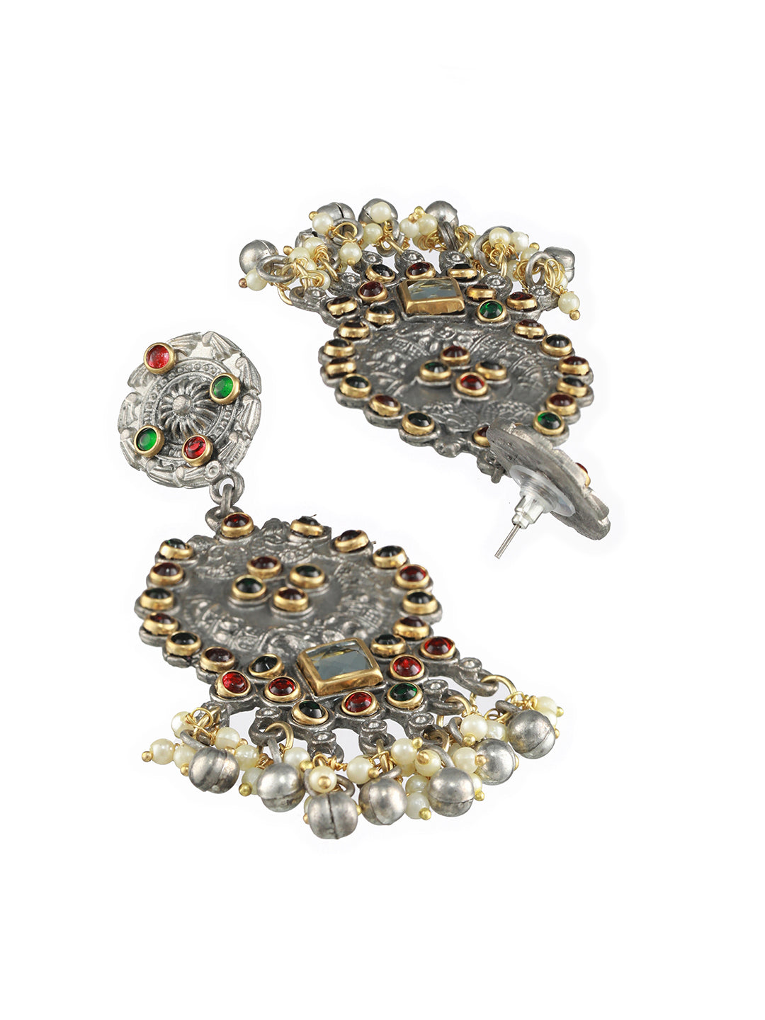 Red & Green Kundan Studded & Beaded Dual Toned Drop Earrings - Jazzandsizzle