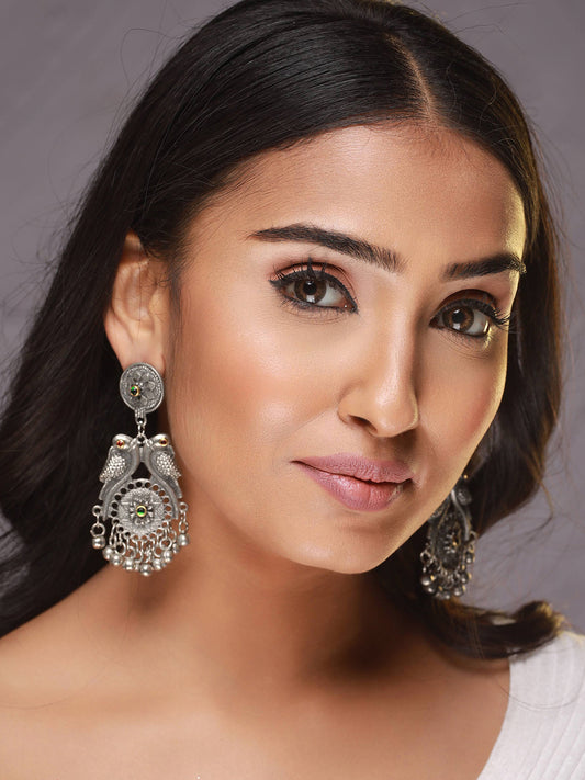 Silver-Toned, Red & Green Kundan Studded Peacock Shaped Drop Earrings - Jazzandsizzle