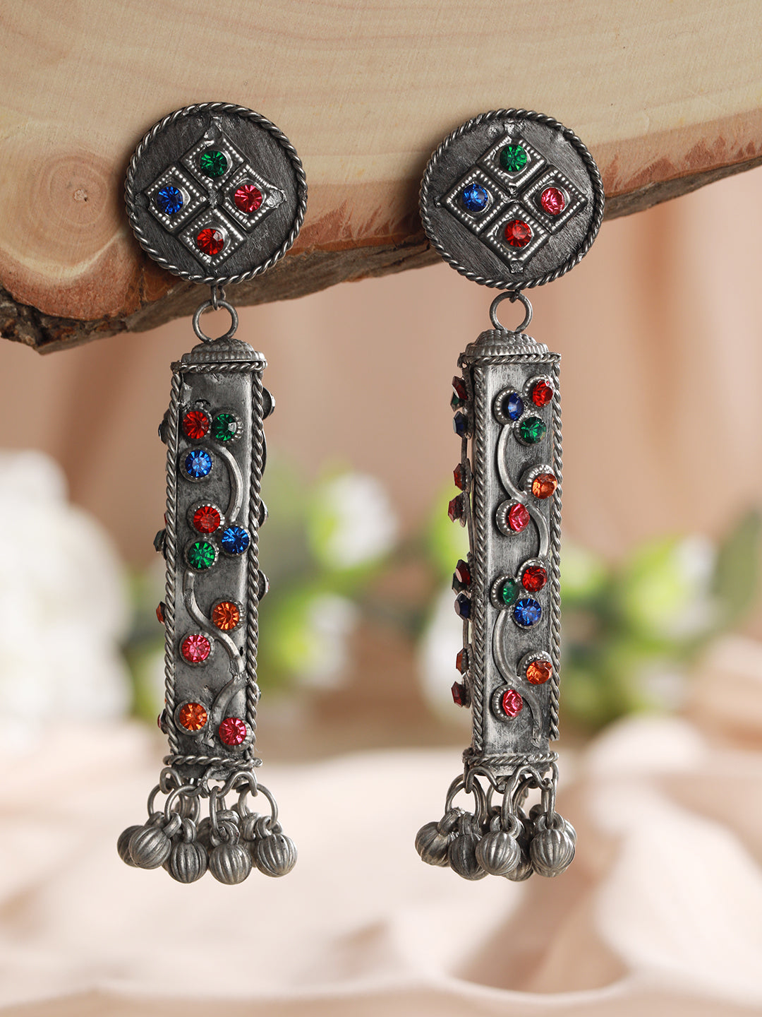 Silver-Toned, Multicolored Stone Studded Ghungroo Drop Earrings - Jazzandsizzle