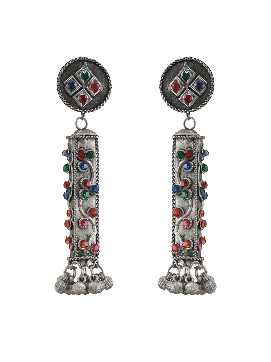 Silver-Toned, Multicolored Stone Studded Ghungroo Drop Earrings - Jazzandsizzle
