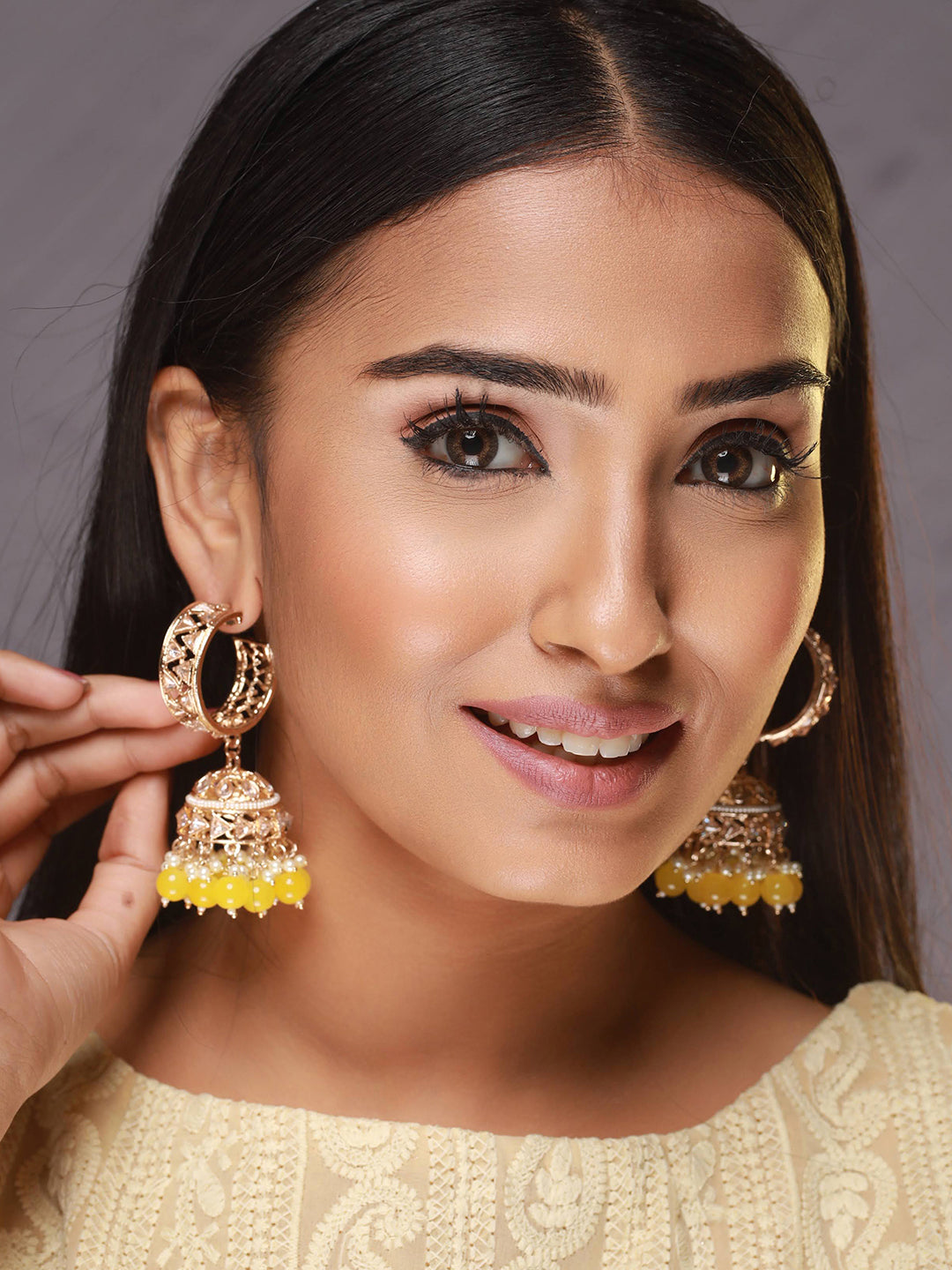 Rose-Gold Plated AD Studded Yellow & White Beaded Jhumka Earrings - Jazzandsizzle