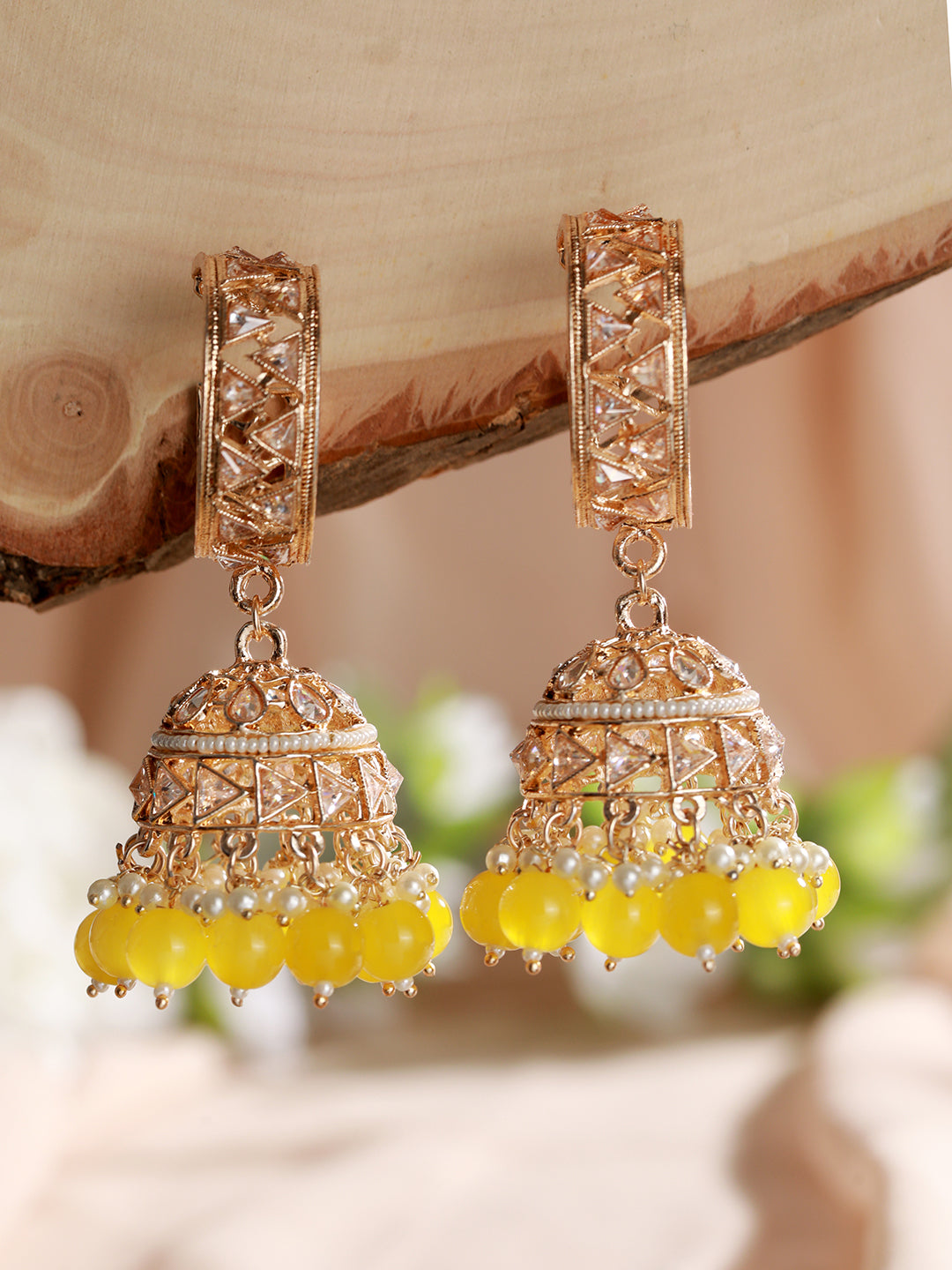 Rose-Gold Plated AD Studded Yellow & White Beaded Jhumka Earrings - Jazzandsizzle