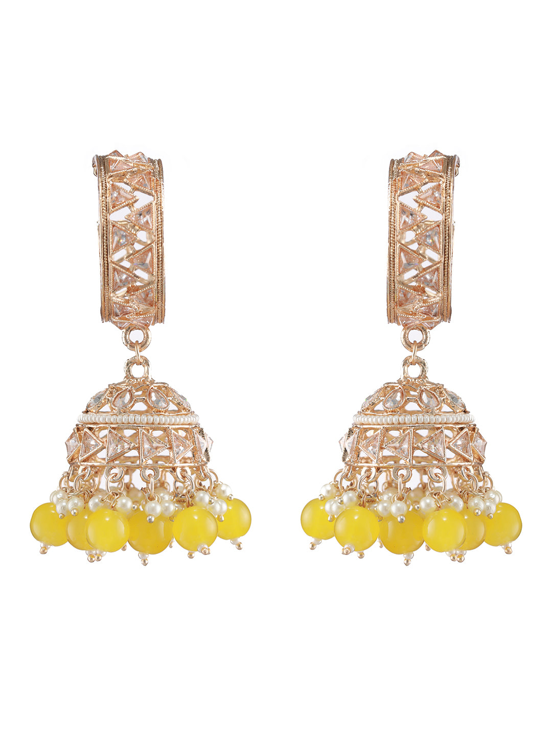 Rose-Gold Plated AD Studded Yellow & White Beaded Jhumka Earrings - Jazzandsizzle