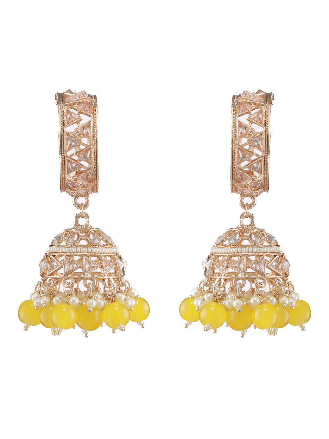Rose-Gold Plated AD Studded Yellow & White Beaded Jhumka Earrings - Jazzandsizzle