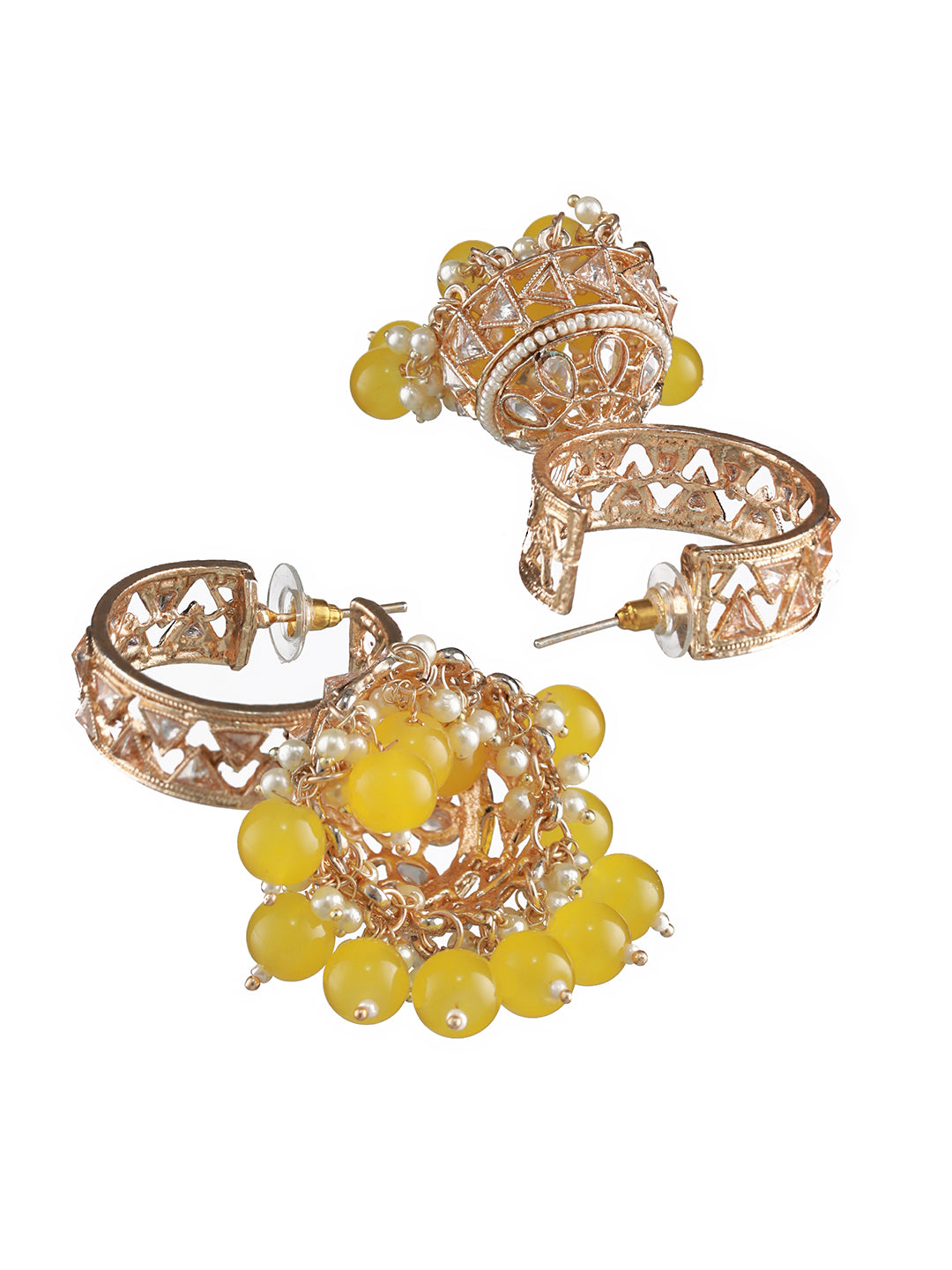 Rose-Gold Plated AD Studded Yellow & White Beaded Jhumka Earrings - Jazzandsizzle