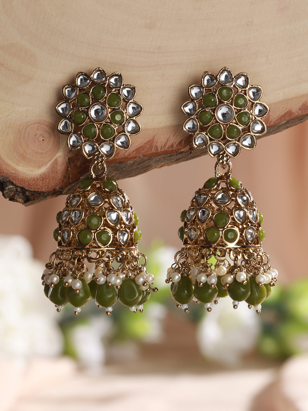 Gold Plated Green & White Kundan Studded & Pearl Beaded Jhumka Earrings - Jazzandsizzle