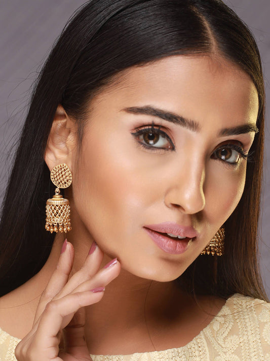 Yellow Gold Plated & Beaded Contemporary Jhumka Earrings - Jazzandsizzle