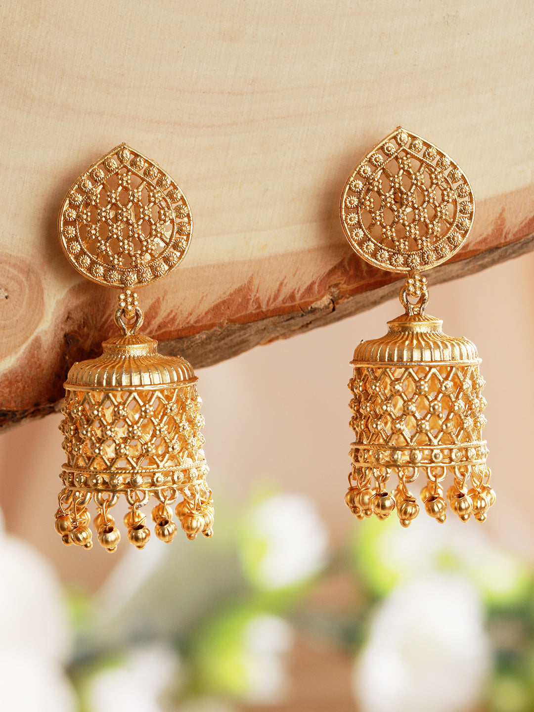 Yellow Gold Plated & Beaded Contemporary Jhumka Earrings - Jazzandsizzle