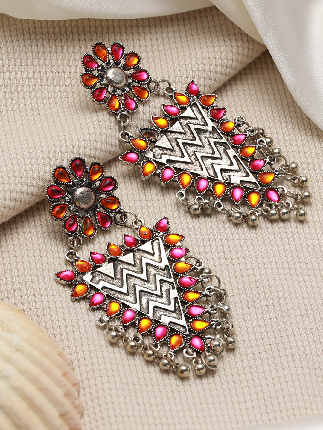 Silver-Plated Pink & Yellow Stone Studded & Ghungroo Drop Earrings - Jazzandsizzle