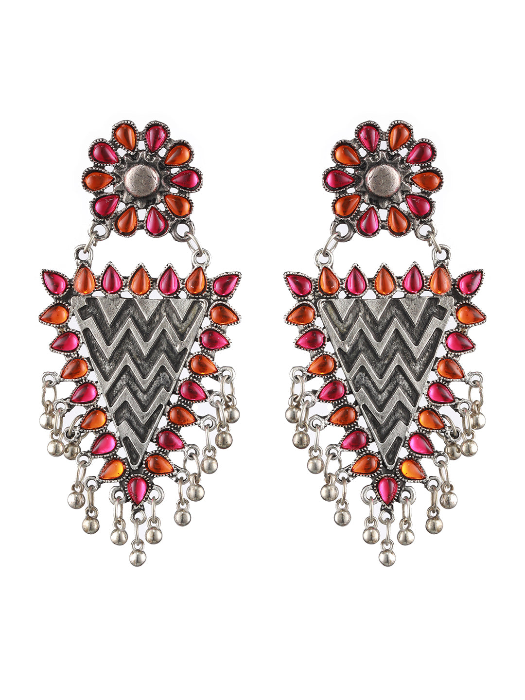Silver-Plated Pink & Yellow Stone Studded & Ghungroo Drop Earrings - Jazzandsizzle