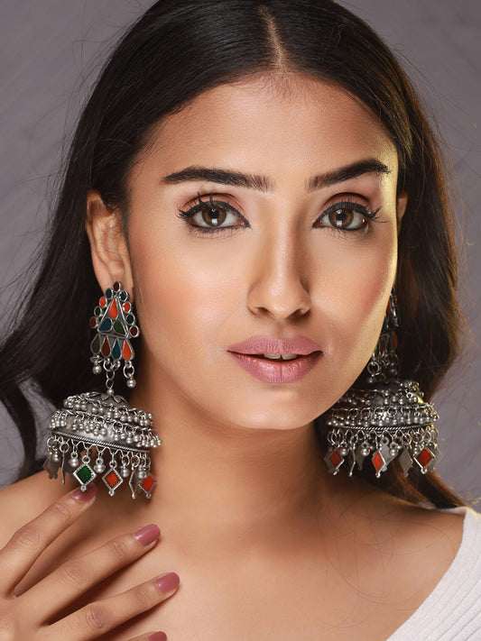 Silver Plated Multicolored Dome Shaped Meenakari Jhumkas Earrings - Jazzandsizzle