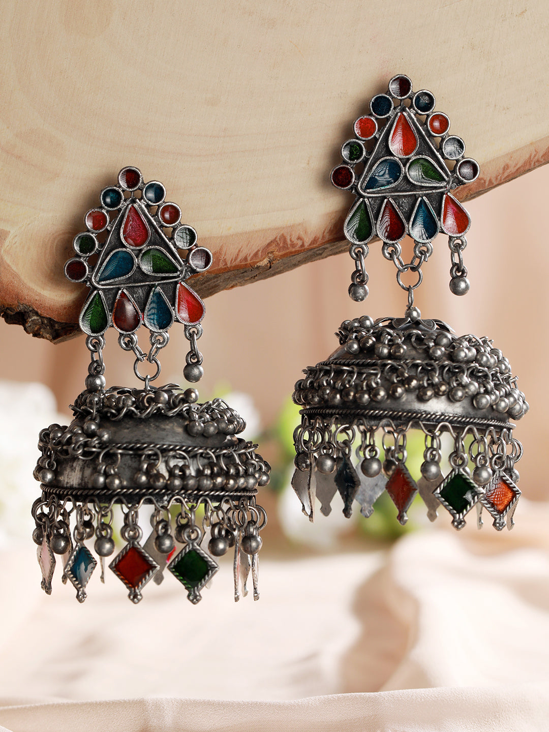 Silver Plated Multicolored Dome Shaped Meenakari Jhumkas Earrings - Jazzandsizzle