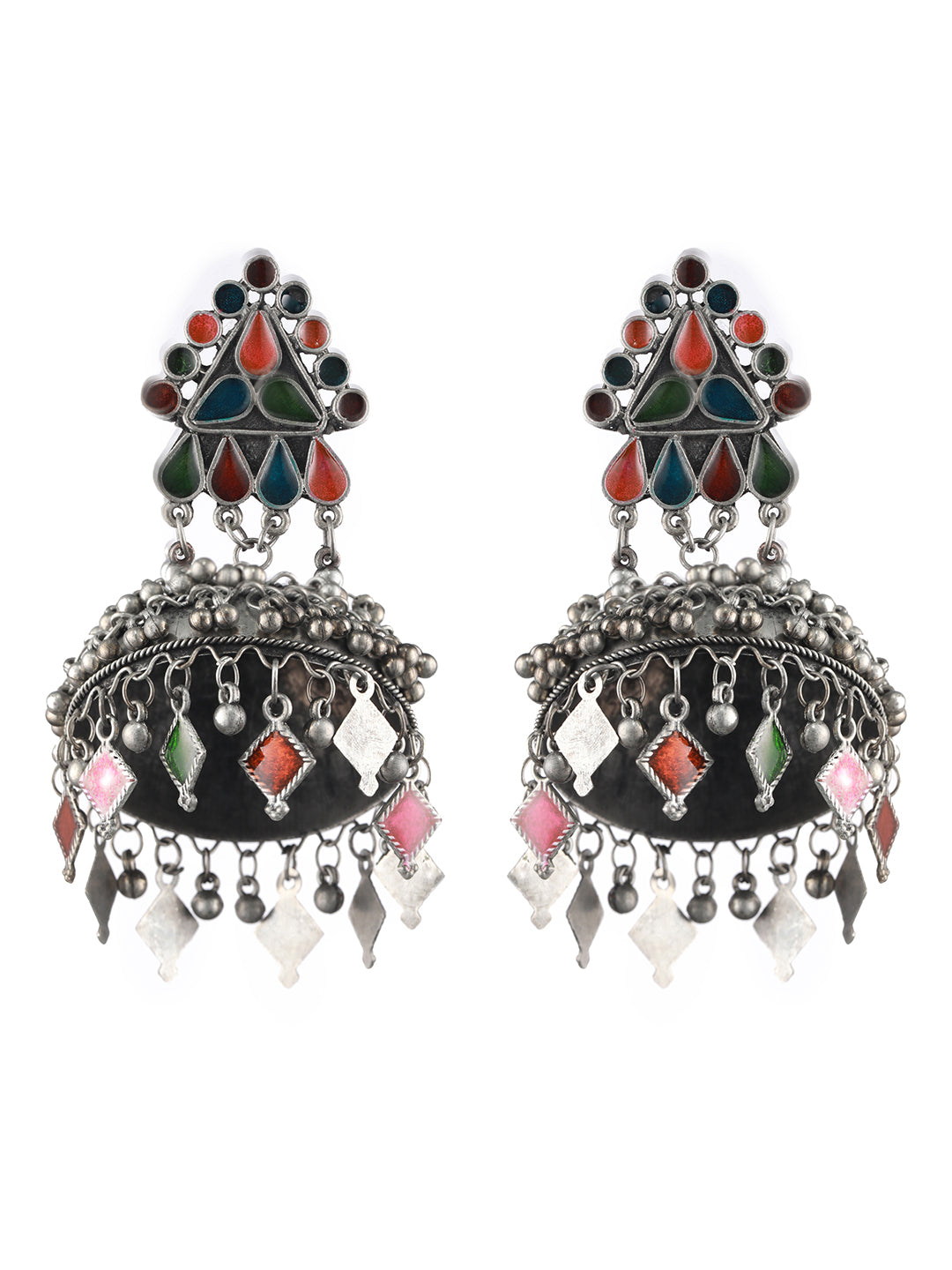 Silver Plated Multicolored Dome Shaped Meenakari Jhumkas Earrings - Jazzandsizzle