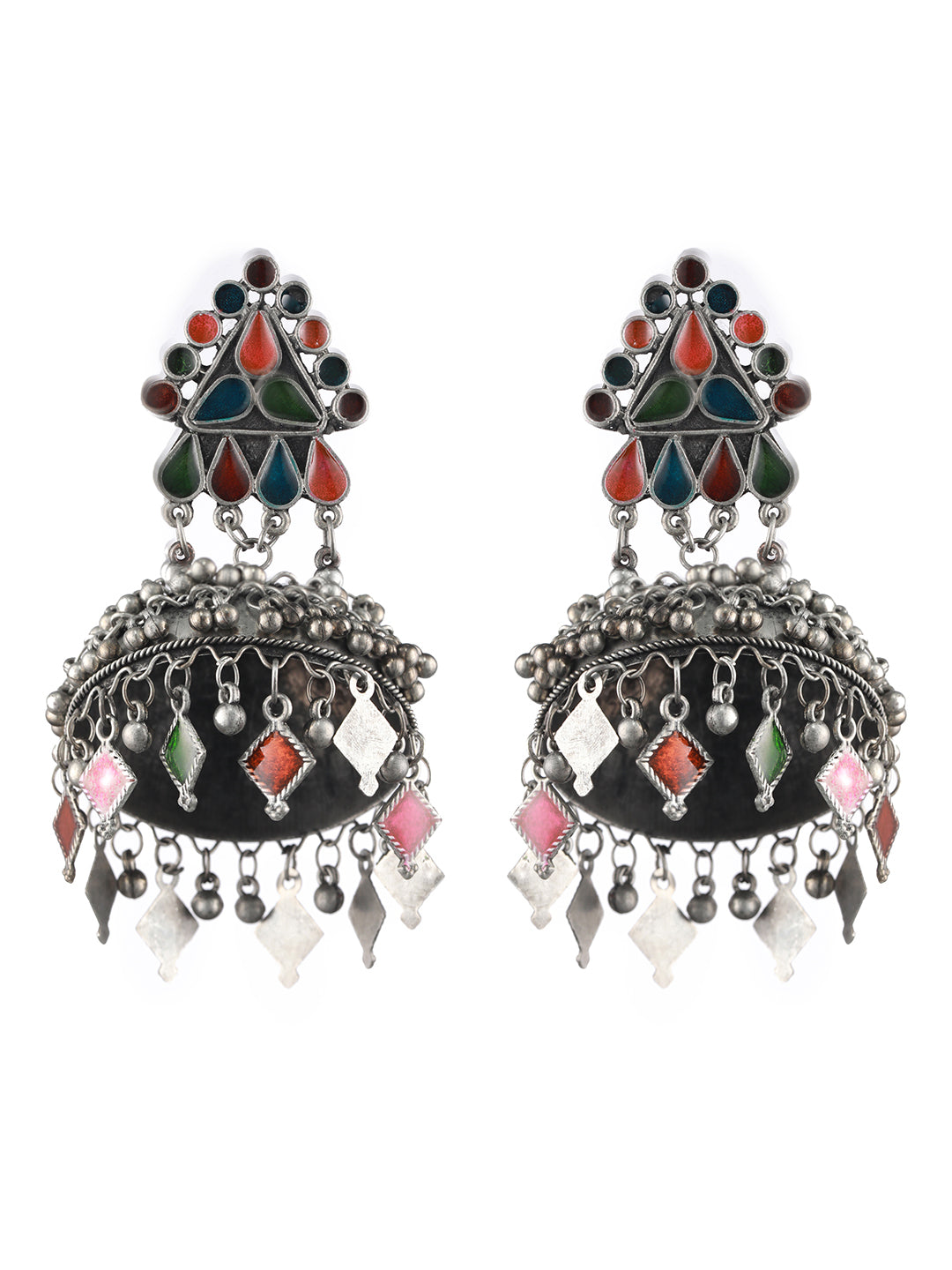 Silver Plated Multicolored Dome Shaped Meenakari Jhumkas Earrings - Jazzandsizzle