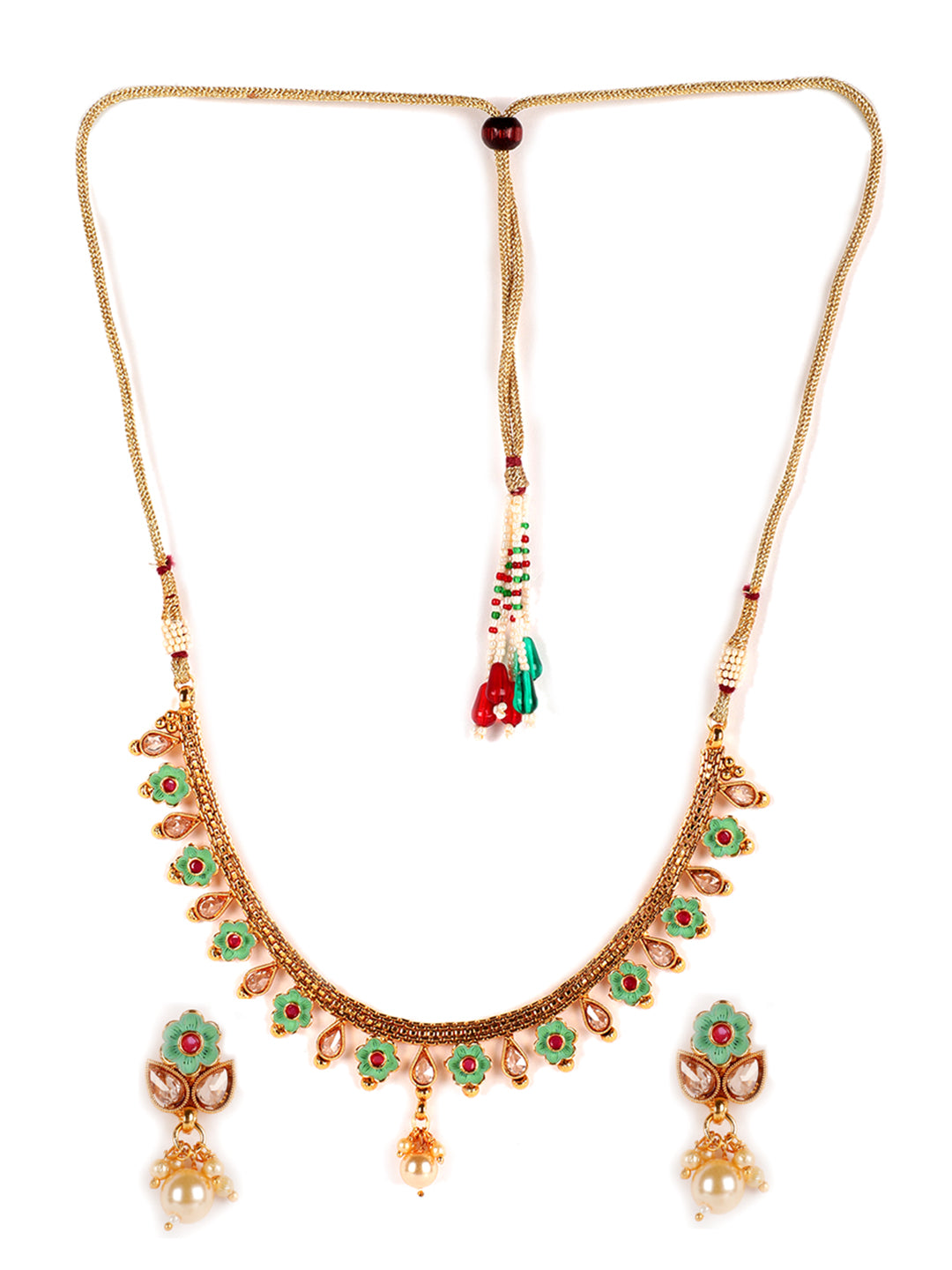 Gold Plated & White Stone Studded Green Enameled Handcrafted Jewellery Set - Jazzandsizzle