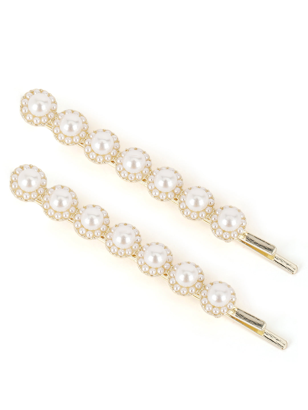 Set Of 2 Gold-Plated Off-White Beaded Handcrafted Hair Clips - Jazzandsizzle