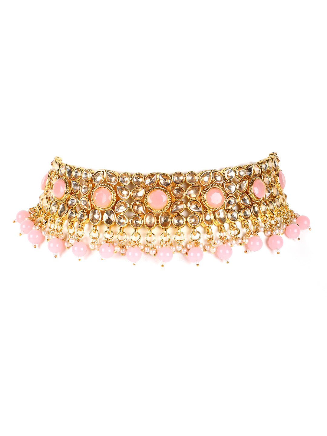 Pink Pearls Kundan Beads Gold Plated Choker Set with MaangTika - Jazzandsizzle