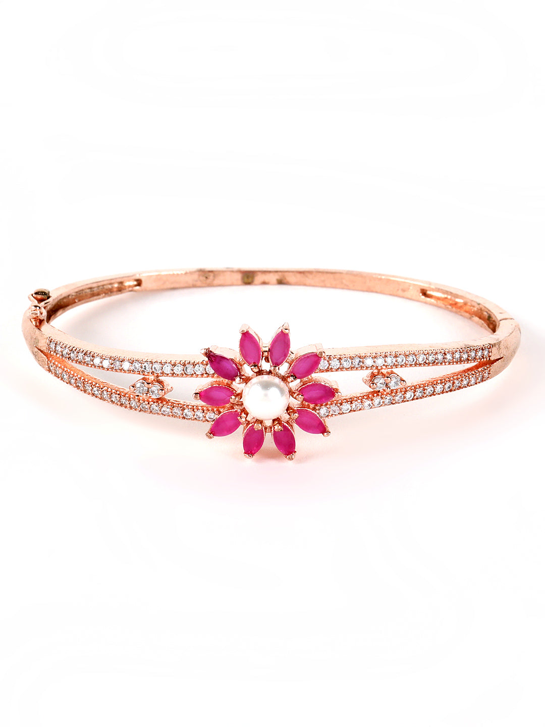 Rose Gold Plated American Diamond Ruby Studded Floral Patterned Bracelet - Jazzandsizzle