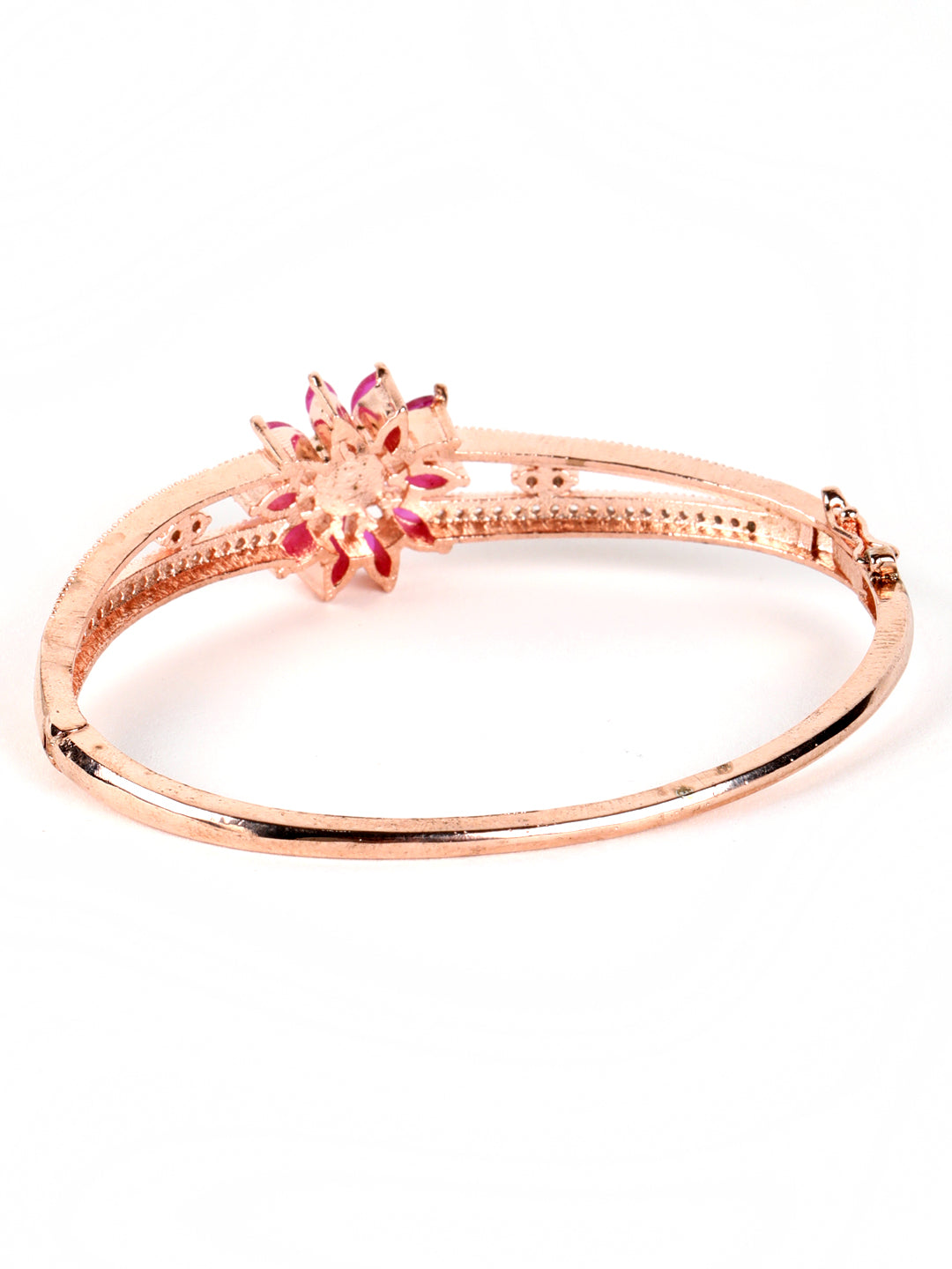 Rose Gold Plated American Diamond Ruby Studded Floral Patterned Bracelet - Jazzandsizzle